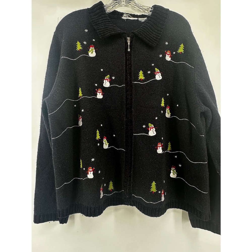 Black Snowman Holiday Zip Up Cardigan Sweater Embroidered Christmas Winter